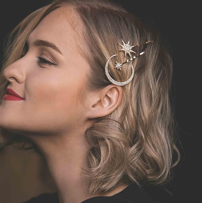 BARTOSI Moon Star Hair Clips Gold Stars Hair pins Crystal Celestial Hair Accessories for Women and Girls (Pack of 3)