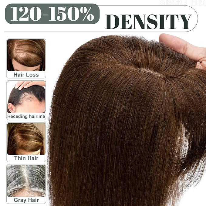 SEGO Hair Toppers for Women Real Human Hair with Thinning Hair, Toppers Hair Pieces Clip in Toppers Straight Hair Pieces with Front Bangs 150% Density Silk Base -8 Inch #4 Medium Brown