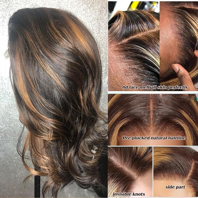 Bob Wig Human Hair 13x6 Balayage Highlight Body Wave HD Lace Front Wigs Human Hair Pre Plucked 200% Density Colored 1B/27 Ombre Honey Blonde Frontal Lace Wig 14 Inch Glueless Short Bob Wigs for Women