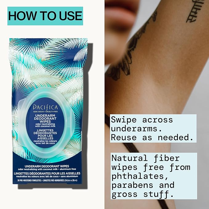 Pacifica Beauty Coconut Milk & Essential Oils Underarm Deodorant Wipes, Helps Remove Odor, Aluminum-Free, Vegan & Cruelty-Free, 30 Wipes (2-Pack)