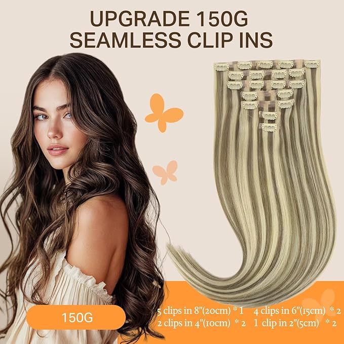 DOORES Seamless Clip-in Hair Extensions, Light Brown Highlighted Medium Blonde 18 Inch 130g 7pcs, Virgin Silky Straight Thick Hair Extensions
