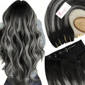 YoungSee 130G Wire Human Hair Extensions Black Ombre Wire Hair Extensions for Women Balayage Human Hair Fish Line Extension Off Black Mix Silver Remy Hair 22Inch