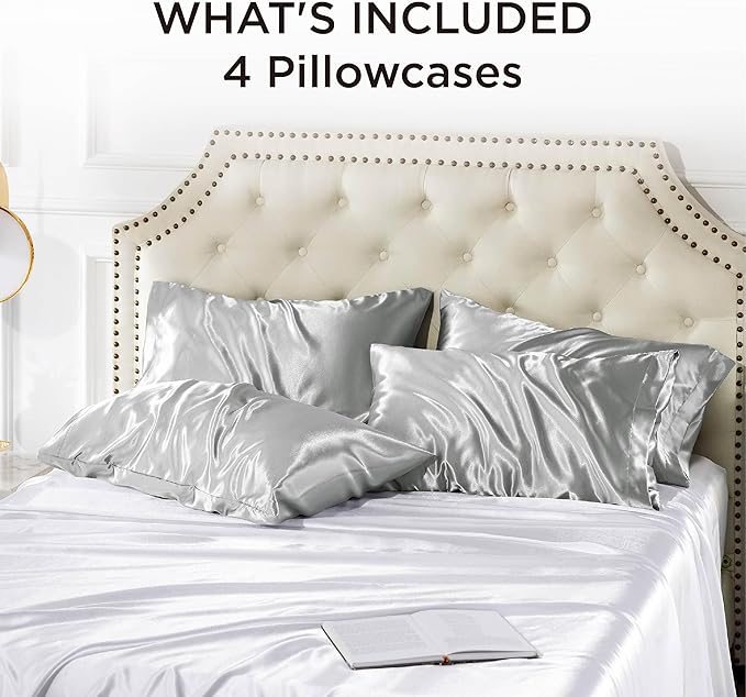 Bedsure Satin Pillowcase for Hair and Skin Queen - Silver Grey Silky Pillowcase 20x30 Inches - Set of 4 with Envelope Closure, Similar to Silk Pillow Cases, Gifts for Women Men