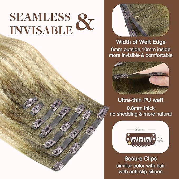 GOO GOO Clip in Hair Extensions Real Human Hair, Remy Human Hair Extensions Clip ins for Women, Natural Human Hair, 18inch 130g 7Pcs, 5A/90/16F Bahamian Balayage