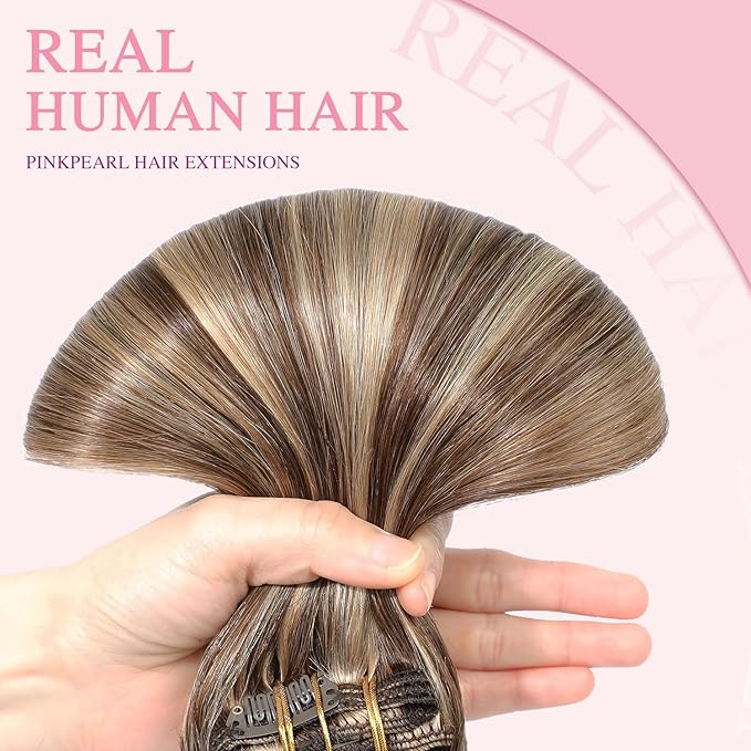 PINKPEARL Clip in Hair Extensions Human Hair 20inch 120g 7pcs Remy Human Hair Extensions Clip in #4P27 Chocolate Brown Highlighted Caramel Blonde Clip Hair Natural Human Hair(#4P27-20)