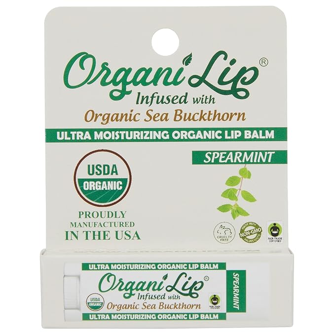Organic Lip Balm, Spearmint Flavor, Ultra Hydrating Lip Moisturizer for Cracked or Dry Lips, Infused With Organic Sea Buckthorn, Oval Shaped Tube, USDA Certified Organic, 1 Pack