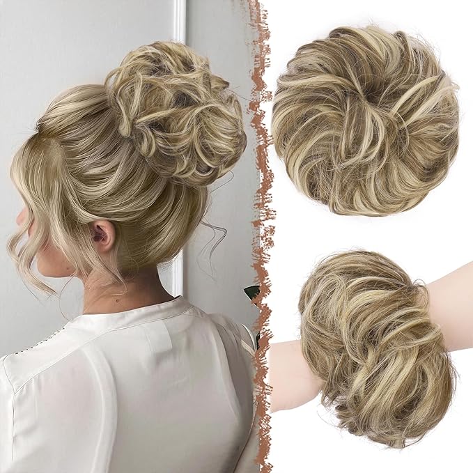 FESHFEN Messy Bun Hair Piece - Large Elastic Wavy Curly Hair Bun Scrunchies Ponytail Extensions Synthetic Chignon Hairpieces for Women, Brunette & Blonde 1.94oz