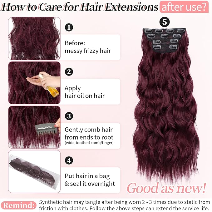 KooKaStyle Burgundy Clip in Hair Extensions for women Synthetic Heat Resistant 4PCS Thick Long Wavy Hairpieces 24 Inch