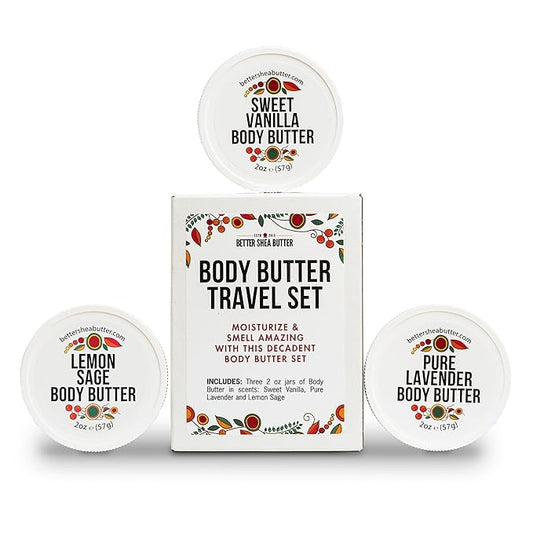 Body Butter Variety Pack | with Organic Shea Butter and Jojoba Oil | Lemon Sage, Lavender, Sweet Vanilla | Body Butter Minis | Trio of Travel Size Lotion | 3 x 2oz Jars