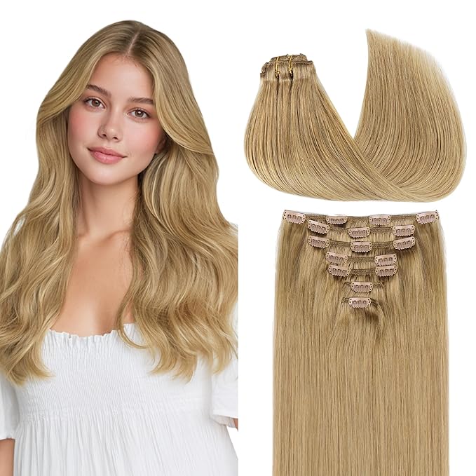 GOO GOO Clip in Hair Extensions Real Human Hair, Remy Human Hair Extensions Clip ins for Women, Natural Human Hair, 20inch 120g 7Pcs, 7 Bronde