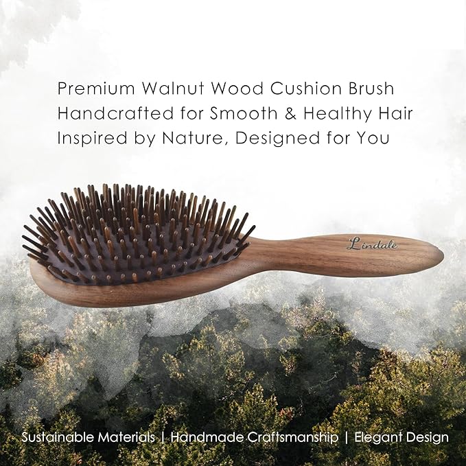 Lindale Walnut Wooden Hair Brush for Hair Growth with Natural Walnut Bristles Detangler Paddle Hairbrush for Massaging Scalp for Women Men, Reduces Static for Curly Hair with Ergonomic Handle Oval
