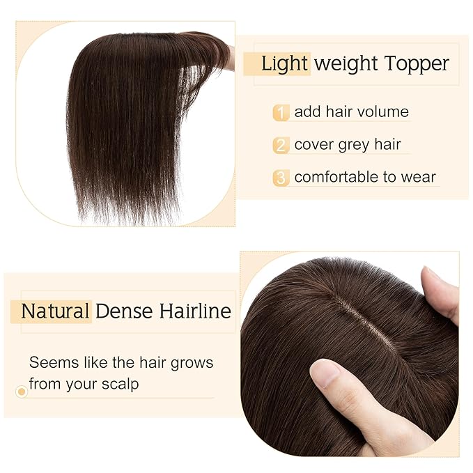 SEGO Hair Toppers for Women Real Human Hair With Bangs, 7 * 13CM Silk Base 100% Remy Human Hair Clip in Top Wiglet Hairpieces Add Volume -10 Inch Dark Brown