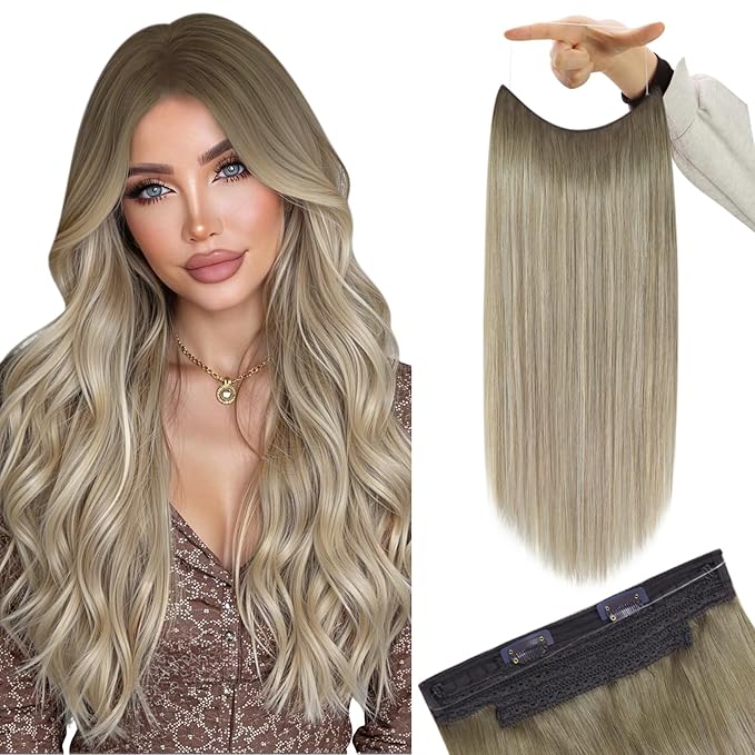 YoungSee 135G Wire Hair Extensions Ombre Blonde Invisible Wire Human Hair Extensions Ash Blonde to Platinum Human Hair Fish Line Extensions Long Straight Hair 24Inch