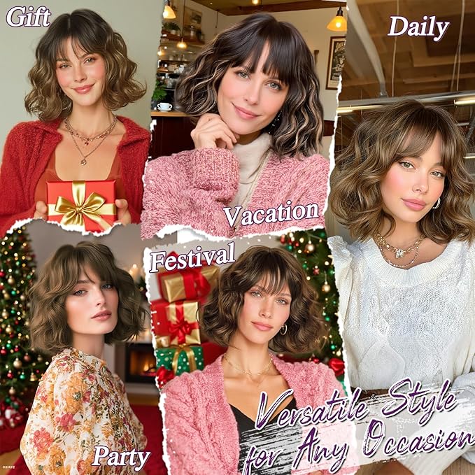 BARSDAR Short Wavy Light Brown Wig with Bangs - Short Light Brown Bob Wigs for Women - Curly Wavy Textured French Bob Wig with Bangs Soft Synthetic Natural Looking Face-Framing Daily