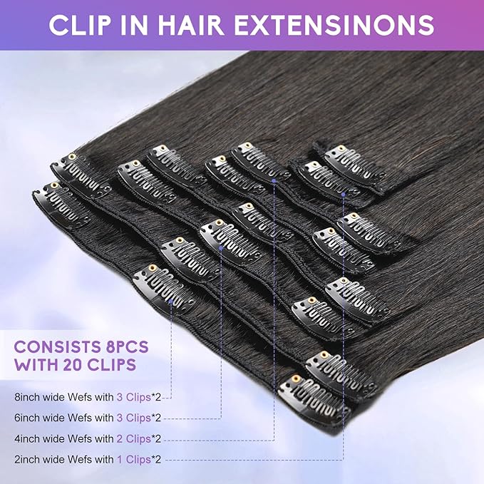 Clip in Hair Extensions Real Human Hair, 24 Inch 120g, 1B Natural Black, Invisible Seamless Straight Remy Human Hair Extensions Cip ins for Women 8pcs Per Set with Double Weft