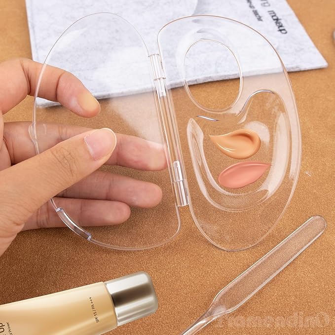 Framendino, 2 Set 3 in 1 Handheld Makeup Mixing Palette, Acrylic Transparent Mixing Foundation Tray with Foundation Spatula for Makeup Artist and Beginner