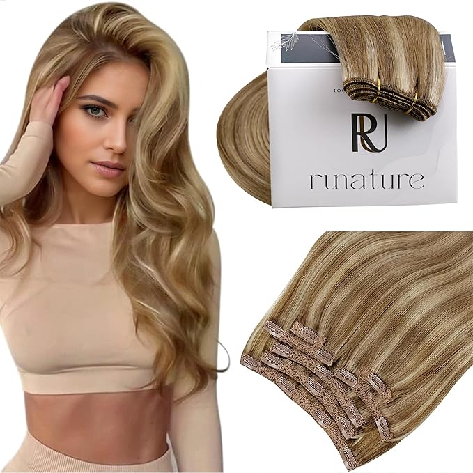 RUNATURE Clip in Hair Extensions Human Hair, 10 Inch Short Hair Extensions Real Human Hair Clip Ins, Thick Full Head Remy Hair 80g 7pcs #10P16 Dark Blonde Highlight Caramel Blonde