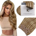 RUNATURE 150g Clip in Hair Extensions Real Human Hair Dark Blonde Clip in Hair Extensions 22 Inch 7pcs Straight Soft Hair Easy to Install in Daily Wearing #10P16 Dark Blonde Highlight Caramel Blonde