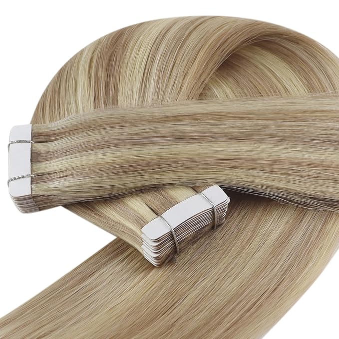 YoungSee Human Hair Tape in Extensions Highlight Blonde Tape ins Hair Extension Golden Blonde Mix Light Blonde Highlight Hair Extensions Real Human Hair Tapes Invisible Natural Looking 14 In 20pcs 50g