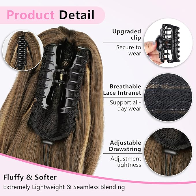 ALXNAN Ponytail Extension,18 Inch Claw Clip in Long Curly Wavy Black Ponytail Hair Extension Jaw Clip on Pony Tails Hairpiece for Women