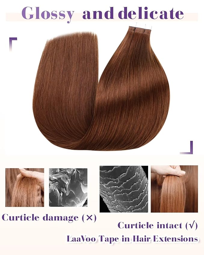 LaaVoo Tape in Extensions Human Hair Auburn Brown Hair Extensions Tape in Seamless Tape on Hair Extension Soft Hair 16inch 40pcs 100g