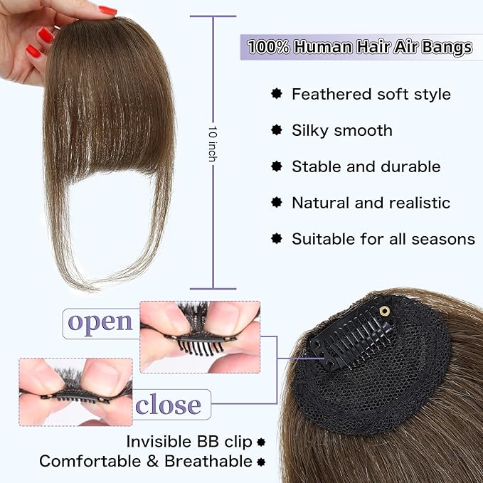 Wispy Bangs Hair Clip, 100% Human Hair Clip In Brown Bangs for Women, Soft Layered Fake Bangs with Feathered Fringe, Easy Clip-On Design for Daily Wear & Halloween