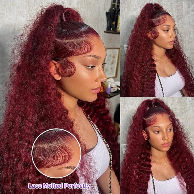 16 Inch 99J Burgundy Lace Front Wigs Human Hair Deep Wave 13x6 HD Lace Front Wigs Pre Plucked with Baby Hair Wet and Wavy Human Hair Wig 200% Density Deep Curly Frontal Wigs for Black Women