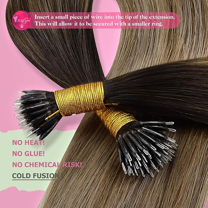YoungSee Nano Beads Hair Extensions Brown 18inch Nano Ring Hair Extensions Human Hair Balayage Dark Brown with Blonde Nano-Tip Extension Real Human Hair Brown Remy-Hair Ombre Cold Fusion 1g/s 50g