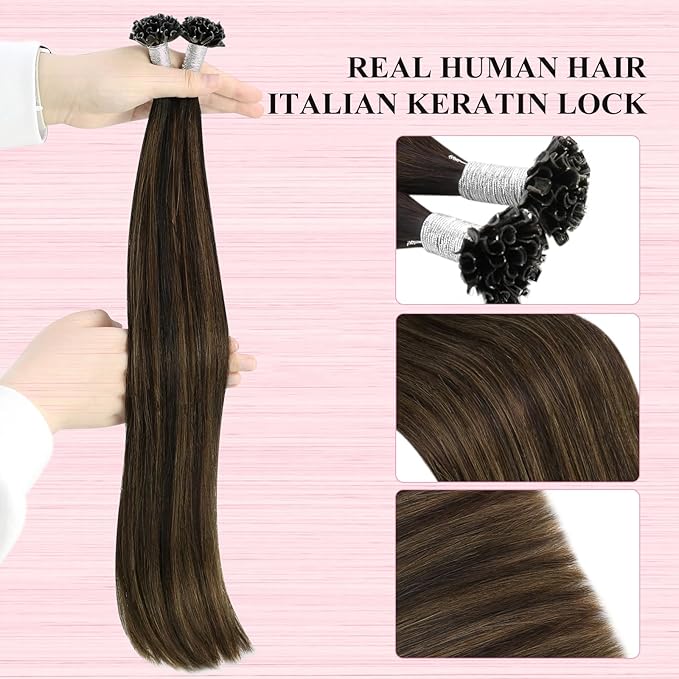 YoungSee U Tip Hair Extensions Darkest Brown Balayage 18IN Utip Hair Extensions Human Hair Ombre Darkest Brown with Medium Browns Fusion Hair Extension K Tips Hair Extension Real Human Hair 50G 50s