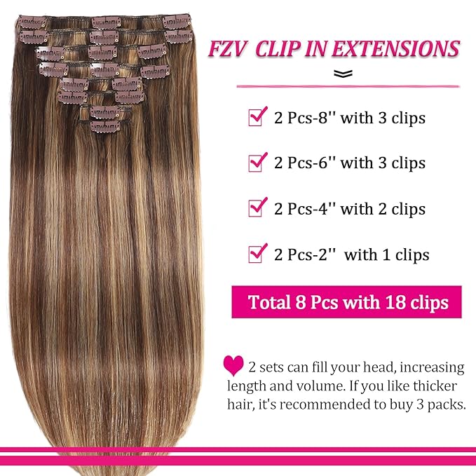 Hair Extensions Real Human Hair Clip in Hair Extensions 120g 8pcs 18inch,Soft & Natural Straight Double Weft for Women #P427 Chocolate Brown to Honey Blonde Extensions Real Human Hair Clip Ins