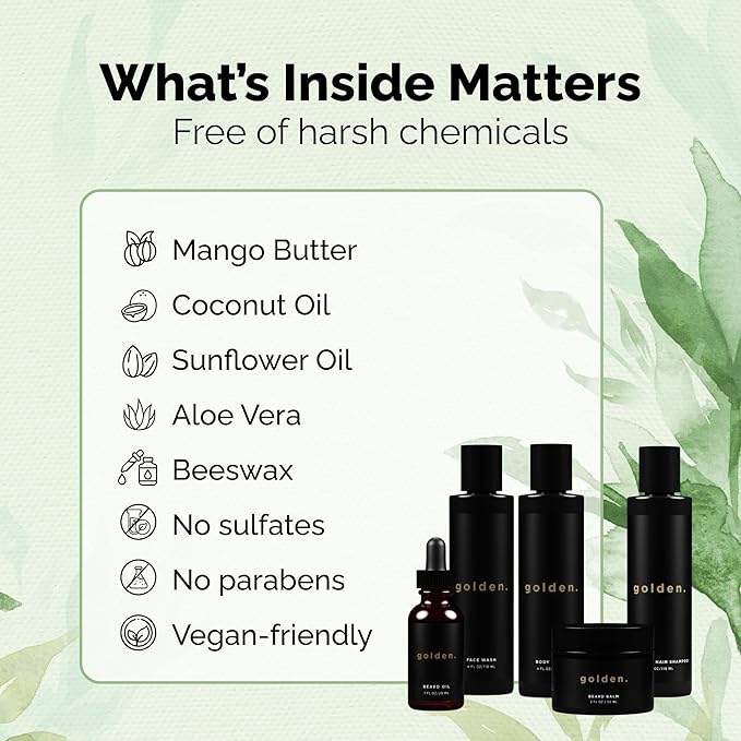 Golden Grooming Co. Everyday Grooming Bundle for Textured Hair & Melanin-Rich Skin | Essential Beard & Skincare Kit with Beard Shampoo, Face Wash, Beard Oil, Body Wash & Beard Balm