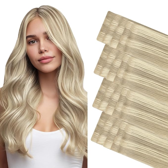 GOO GOO Invisi Edge Tape in Hair Extensions Human Hair, 17A/60A Ash Blonde Highlighted Platinum Blonde, 20pcs 24inch 50g, Virgin Remy Hair, Seamless Injected Tape, Natural Look