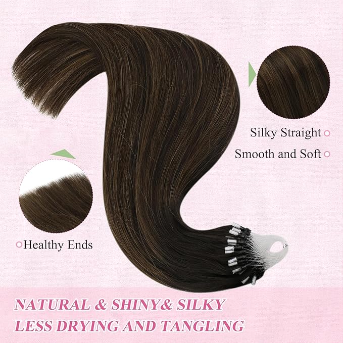 YoungSee Micro Link Hair Extensions Human Hair Brown Micro Bead Hair Extensions Real Human Hair Balayage Dark Brown with Browns Micro Human Hair Extension 16 Inch Ombre Microring Extension 50g 50s