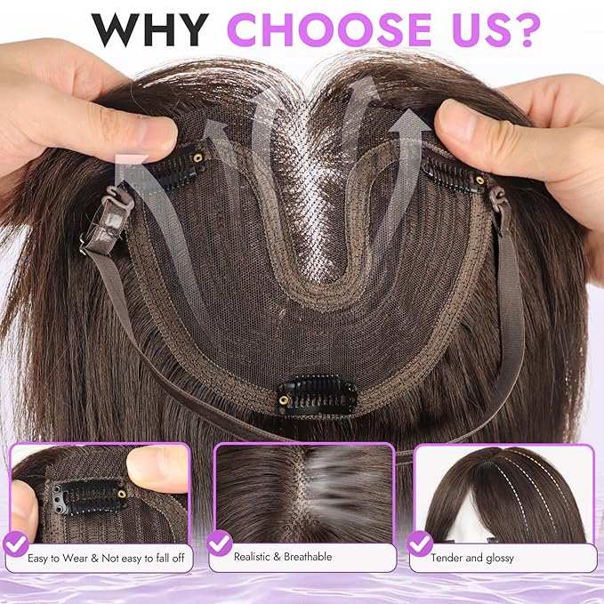 Hair Topper for Women Clip in Bangs – 18 Inch Medium Length Straight 360° Full Coverage Balayage Dark Brown to Chestnut,Synthetic Natural Looking Piece for Thinning Hair