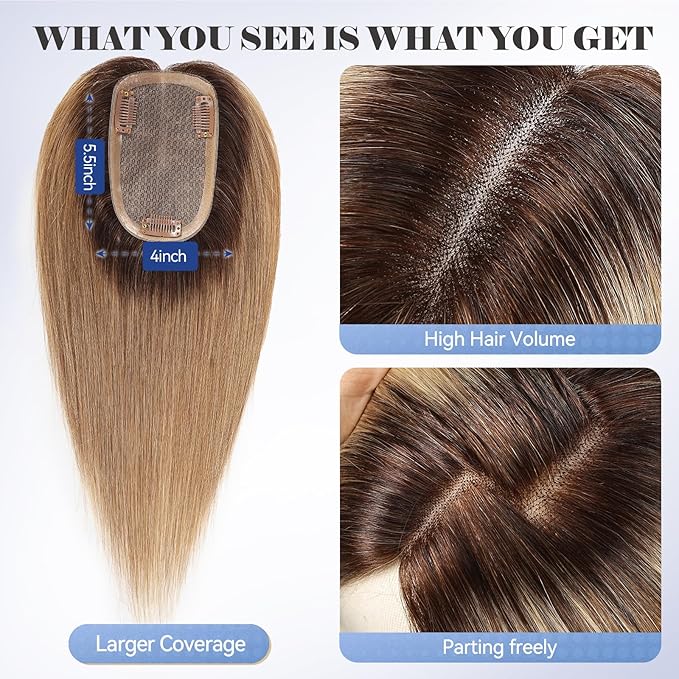 HAIRCUBE Hair Toppers 100% Real HumanHair,Ombre Ash Blonde,5.5"*4" MONO Large Base, 46g Hand-moven Real Human Hair Toppers for Women with ThinningHair