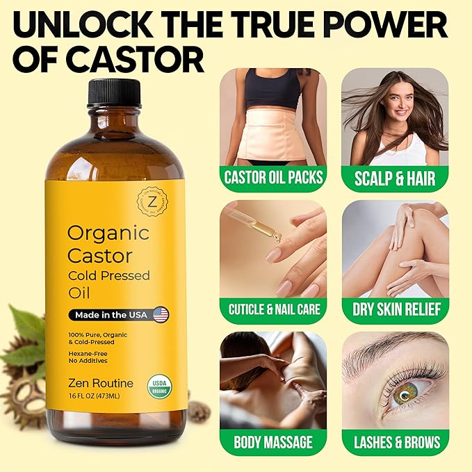 Zen Routine New (Glass Bottle) Organic Castor Oil 16oz – Hexane Free – Hair Growth Oil, Eye Lashes & Stomach, 100% Cold Pressed Unrefined Pure for Castor Pack Wrap – USDA Certified, Made in the USA