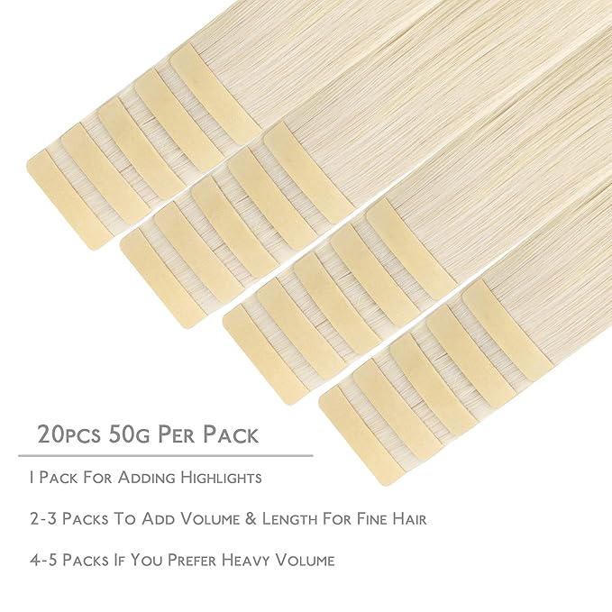 WENNALIFE Tape in Hair Extensions Human Hair, 20pcs 50g 20 inch Platinum Blonde Remy Hair Extensions Straight Human Hair Tape in Extensions Skin Weft Tape Extensions Human Hair