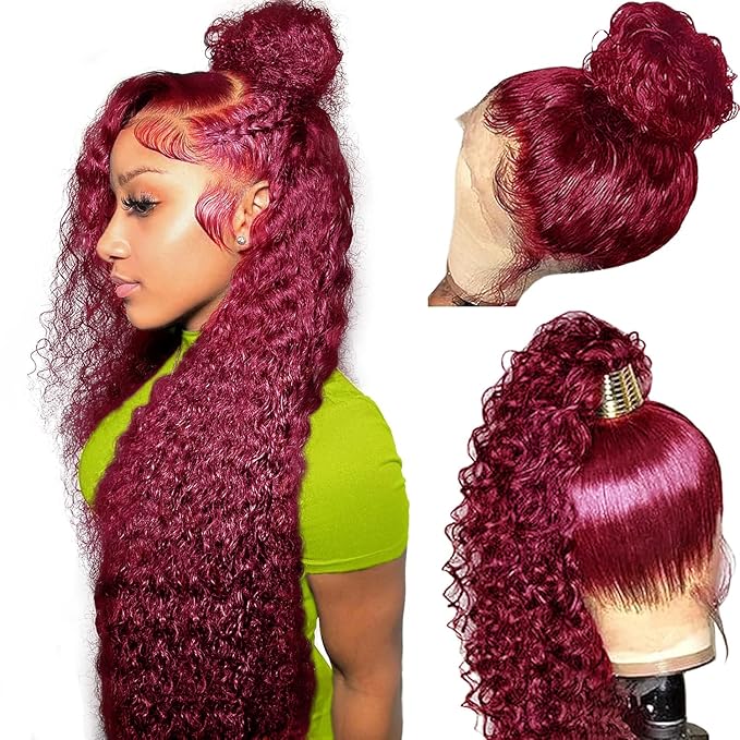 250 Density Hidden Strap 360 Full Lace Front Wigs Human Hair Pre Plucked Bleached Konts Pre Cut Lace Deep Wave HD Lace Frontal Wig with Drawstring Burgundy Wig Human Hair 360 Glueless Wigs(18inch)