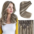Ve Sunny Clip in Hair Extensions Highlight Brown Short Remy Hair Clip in Extensions Real Human Hair for Women Light Brown Highlights Platinum Blonde 12inch 5pcs 80g