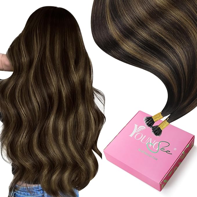 YoungSee Nano Ring Hair Extensions Human Hair Brown Nano Hair Extensions Human Hair Brown With Dark Browns Balayage Nano-Link Hair Extension Balayage 16in Nano-Loop Hair Extension 50s 50g