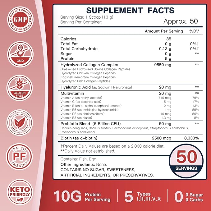 DRFOSTER Multi-Collagen-Peptide-Powder with Probiotics, 50 Servings of Hydrolyzed Collagen Peptides with Hyaluronic Acid, Biotin & Multivitamins - Supports Skin, Hair, Nails Health