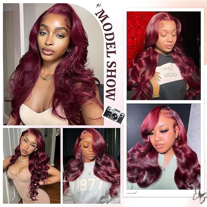 2x6 HD Lace Closure Human Hair Body Wave 99J Burgundy Dark Red Wine Color Transparent Lace Closure 2x6 Long Deep Middle Part 100% Raw Virgin Human Hair 20 Inch 150% Density