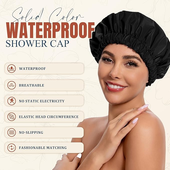 Reusable Shower Cap for Women, Stylish Large Waterproof Shower Bonnet Washable Wide Elastic Band Hair Cap for Long Hair, Braids Bath Hat(Black)