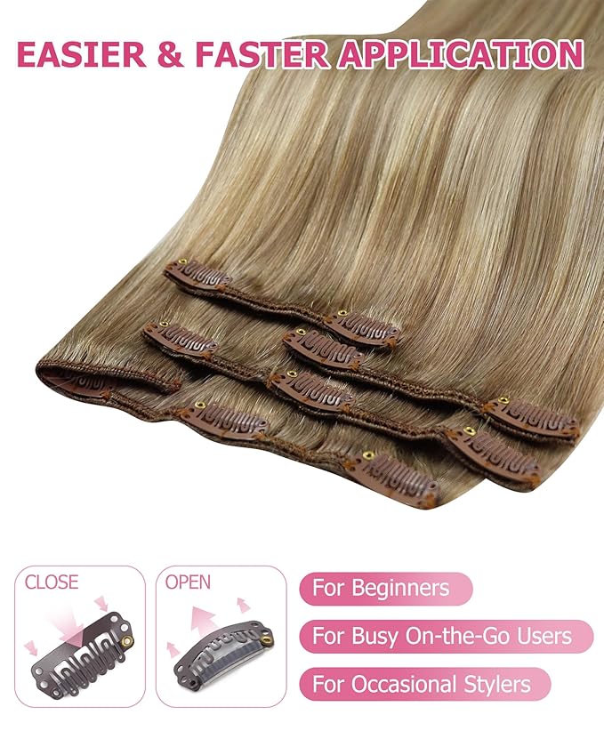 YoungSee 135g Real Hair Extensions Clip in Human Hair Light Brown Clip in Hair Extensions Balayage Clip in Extensions Real Human Hair Light Brown Mix Blonde Thick Remy Hair 16 inch 7pcs