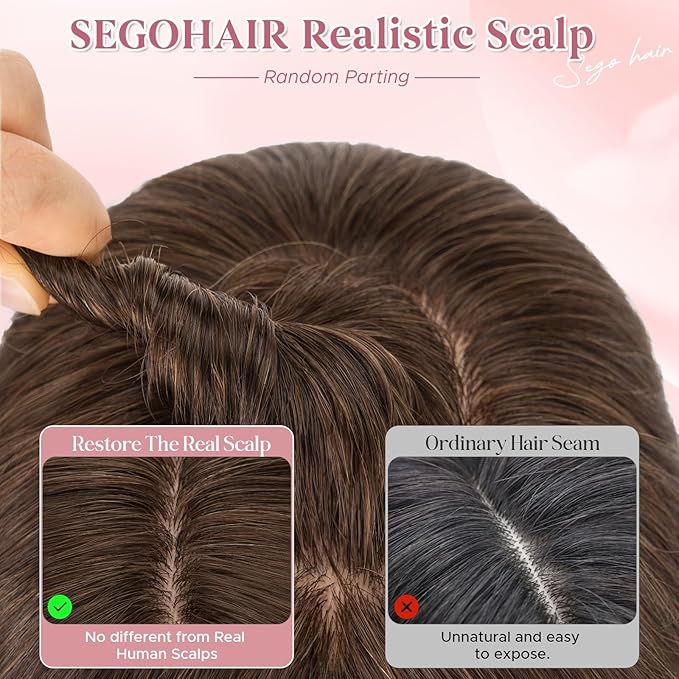 Hair Toppers for Women Real Human Hair 3.54"*4.72" Silky Base 150% Density With Bangs Adjustable Parting Clip-In Topper Hairpieces for Women with Thinning Hair 12 Inches Dark Brown