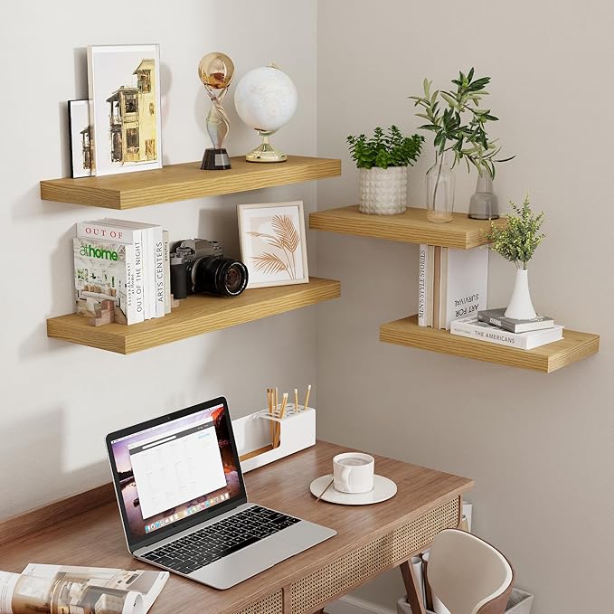 Rustic Wood Floating Shelves 32 Inch Long, 9 Inch Deep Wall Shelves for Home Decor, 32 x 9 Floating Shelf Wall Mounted Set of 2, Deep Floating Shelves for Kitchen, Bedroom, Living Room, Oak Color