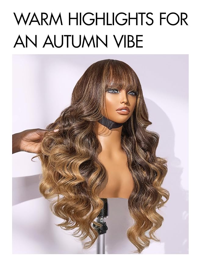 LUVME HAIR 7x6 HD Lace All-Day Comfort Wig with Bangs 200% Density Hair Lace Wigs Ombre Blonde Highlight Loose Body Wave Lace Front Wigs Human Hair Pre Cut Plucked Glueless 18 Inches