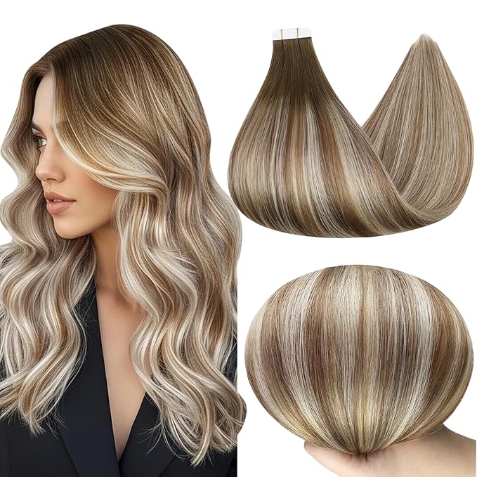 Full Shine 22 Inch Hair Extensions Human Hair Tape ins Straight Tape in Hair Extensions Color 3/8/22 Dark Brown to Ash Brown and Blonde Adhesive Double Sided Invisible for Daily Wear