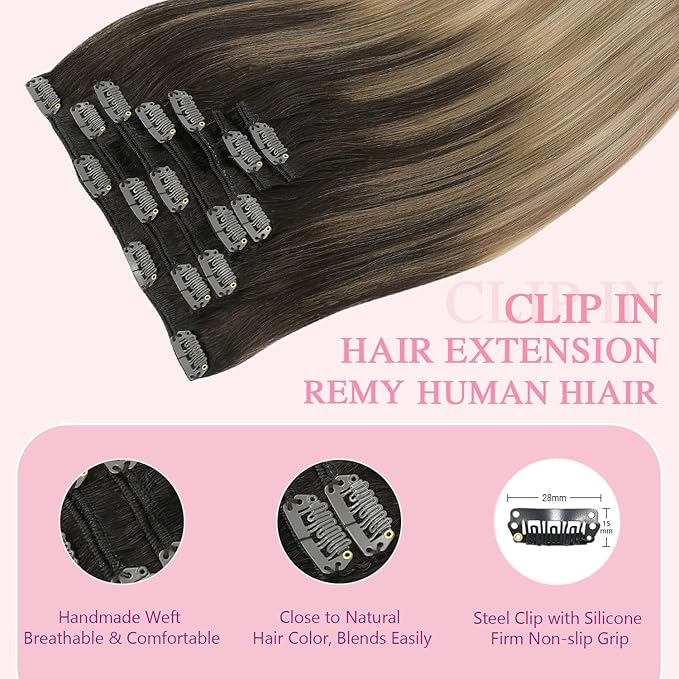 PINKPEARL Clip in Hair Extensions Real Human Hair #2/6/18 Balayage Dark Brown to Chestnut Brown and Ash Blonde 7pcs 120g 14inch Ombre Remy Human Hair Extensios Clip ins(#2/6/18-14)