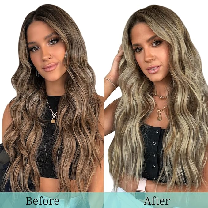 DOORES Clip in Human Hair Extensions - Ombre Medium Brown Highlighted Golden Blonde, 120g 7pcs 20 Inch Remy Straight Thick Natural Hair